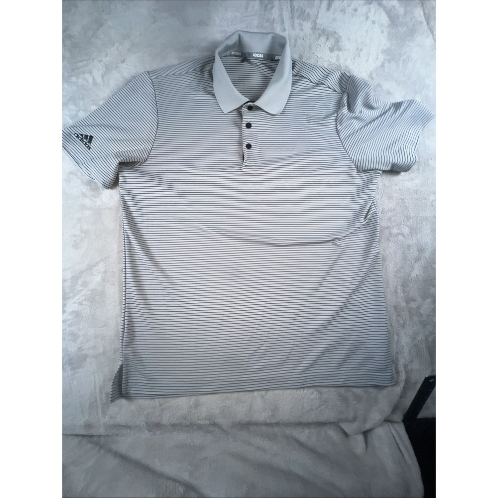 Adidas Golf Polo Shirt Mens size Medium Gray Black Striped Short Sleeve Classic
